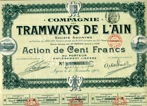 action de 1909 donnant droit au porteur de toucher un 12 500ème des gains de la Compagnies des Tramways de l’Ain (source)